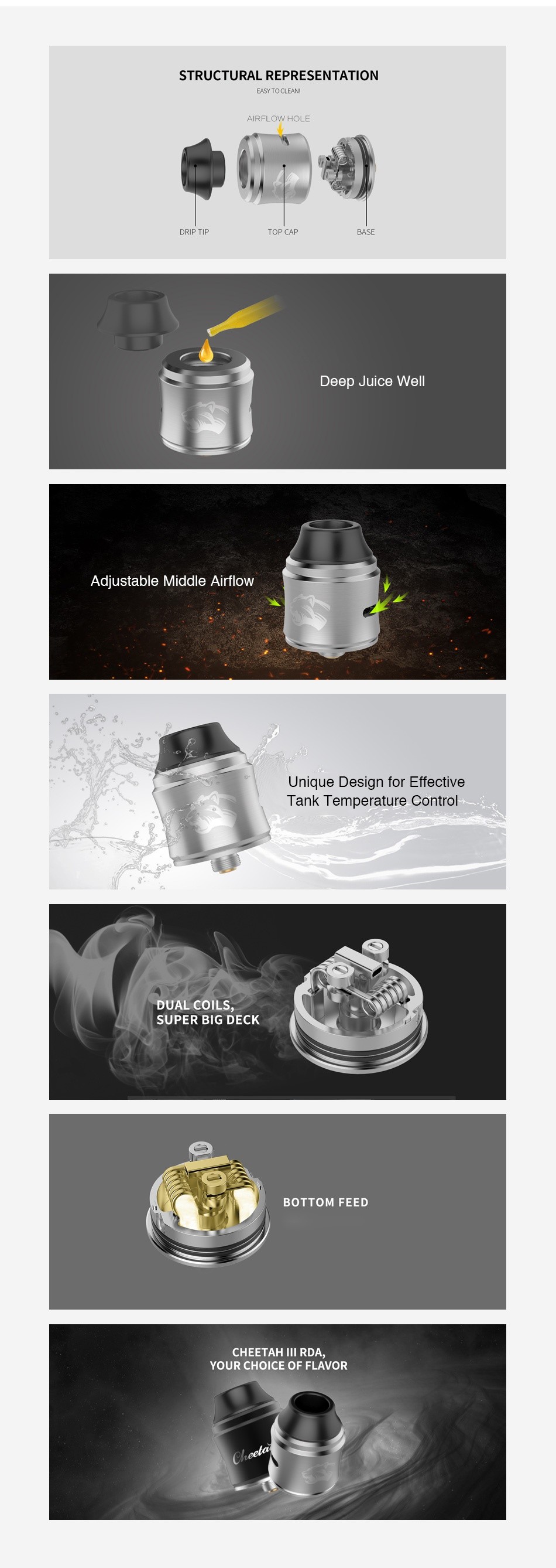 OBS Cheetah 3 RDA STRUCTURAL REPRESENTATION EASY TO CLE AIR LOW HOLE    DRIPT PASF Deep Juice Wel Adjustable Middle Airflow Unique Design for Effective Tank Temperature Control DUAL COILS SUPER BIG DECK BOTTOM FEED CHEETAH III RDA YOUR CHOICE OF FLAVOR