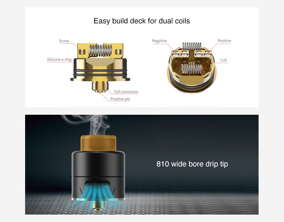 Smoant Battlestar Squonker RDA Easy build deck for dual coils Positive Silicone o ring Coil Positive pin 810 wide bore drip tip