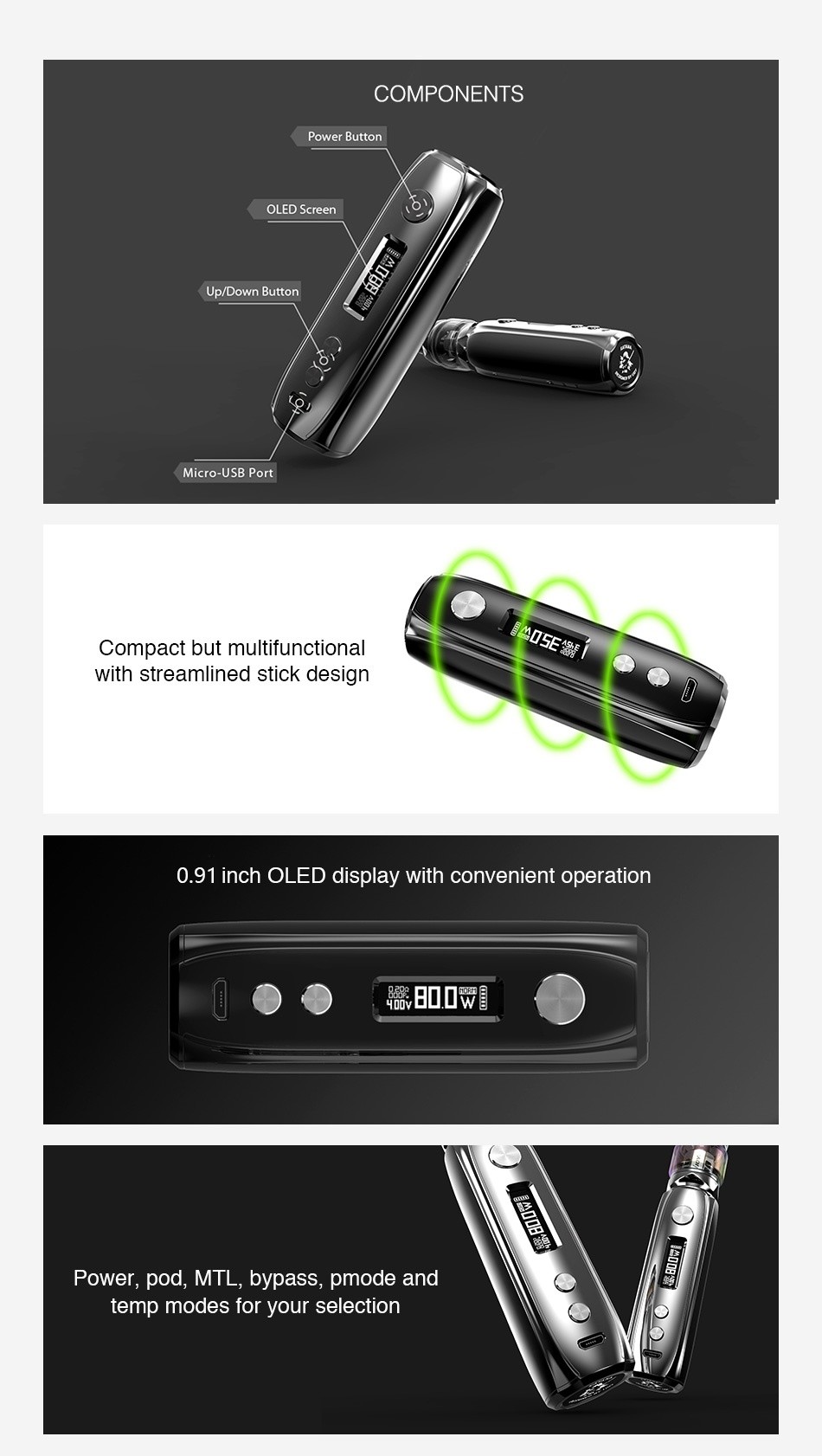 IJOY Katana 81W TC MOD 3000mAh COMPONENTS Power Button OLED Screen Up Down Button Micro USB Port Compact but multifunction ith streamlined stick design 0  91 inch OLEd display with convenient operation 0      ower  pod  MTL  bypass  pmode and temp modes for your selection