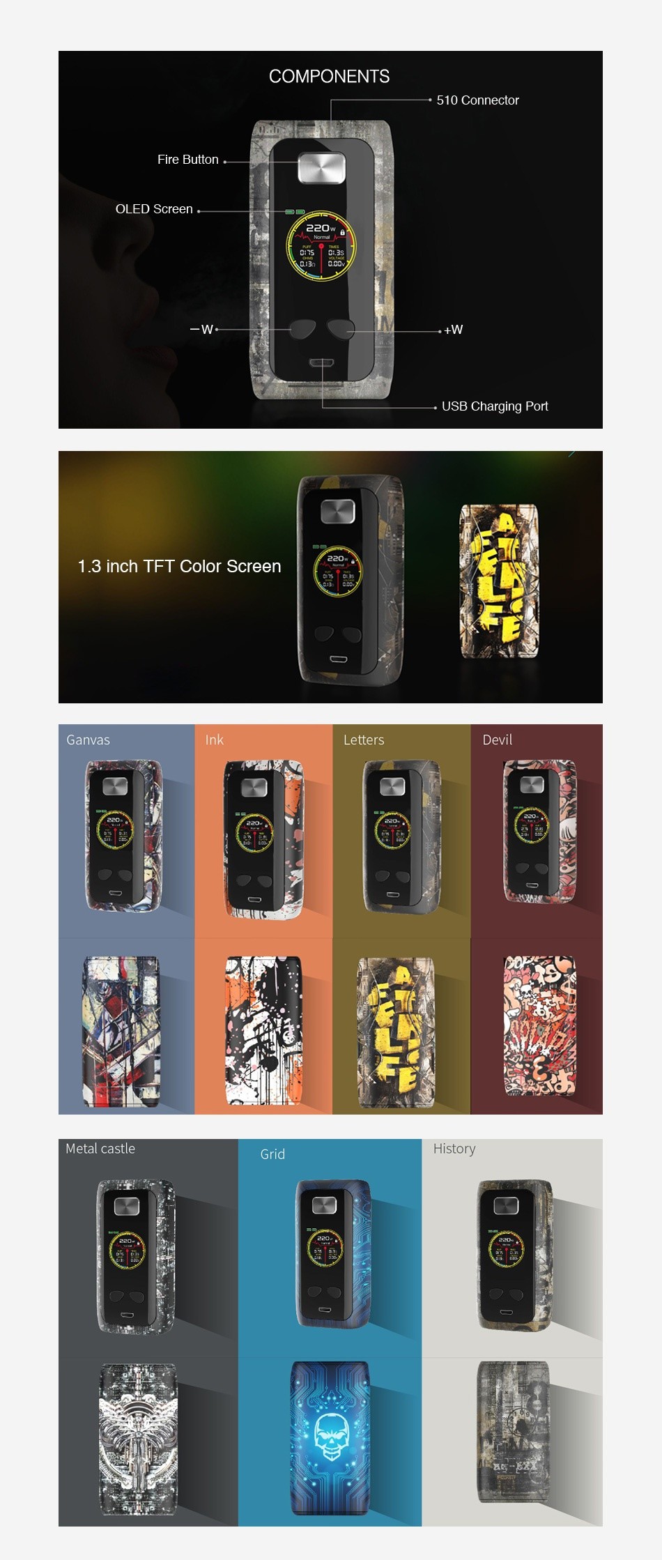 Think Vape Thor Pro 220W TC Box MOD COMPONENTS 510 Connector Fire Button OLED Scree USR Charging Part 1 3 inch TFT Color screen Canvas Letters Devil Metal castle