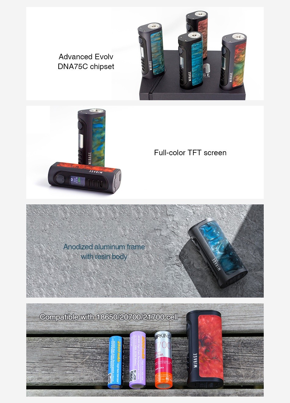 Lost Vape Mirage DNA75C TC Box MOD  Dark Grey  Black  Black  Dark Grey  Green Agate Green Agate Red blaze Red blaze Purple blaze