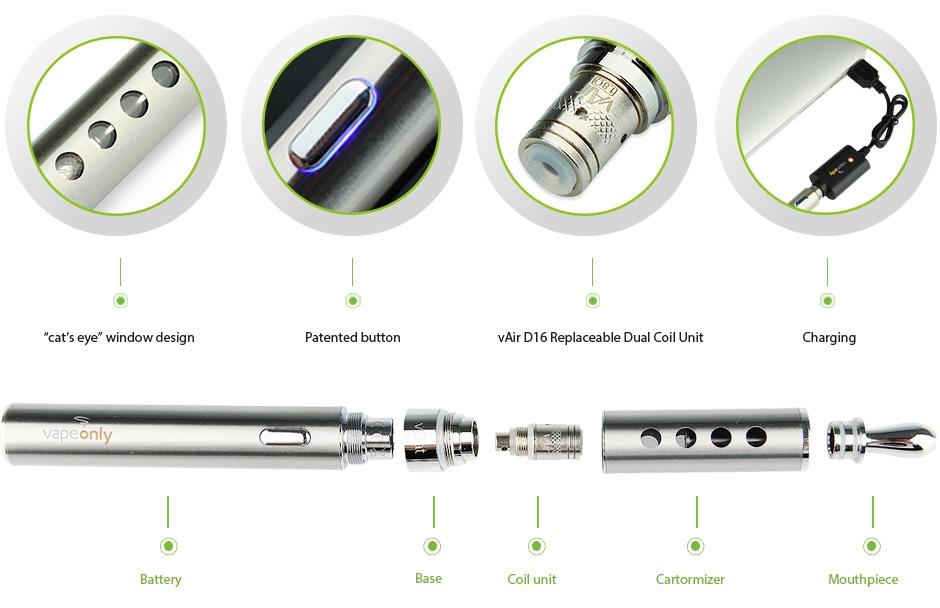 VapeOnly vCat Starter Kit 1100mAh cat s eye window design vAir D16 Re vapeonly Battery Coil unit Mouthpiece