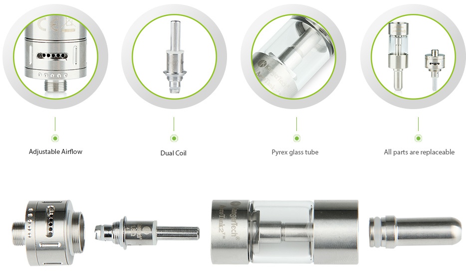 Kangertech Aerotank V2 Single Clearomizer 2.8ml Adjustable airflow Dual coil ex glass tube All parts are replaceable