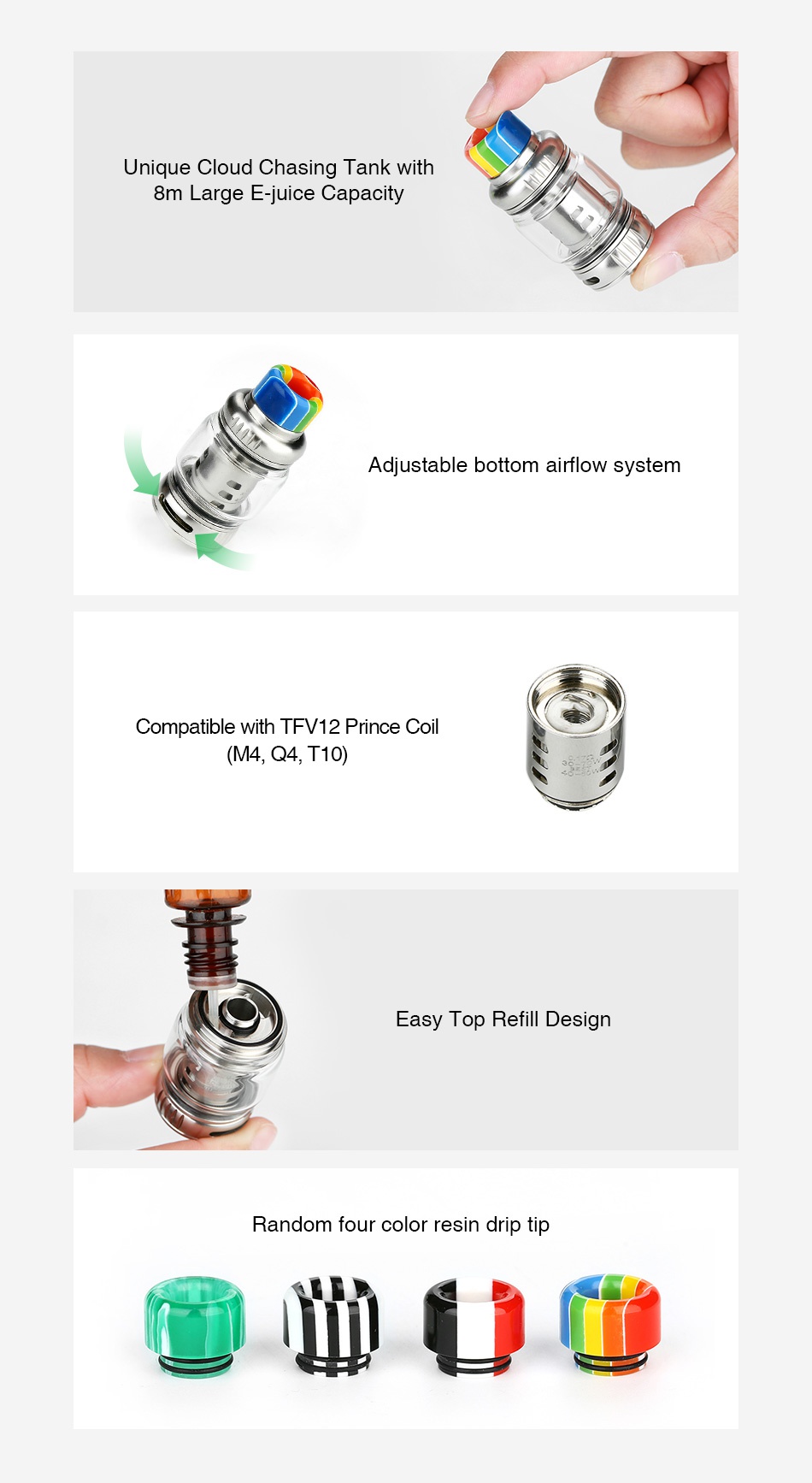 Vapesoon VS12 Super Cloud Tank 8ml Unique Cloud Chasing Tank with 8m Large E juice Capacity Adjustable bottom airflow system Compatible with TFV12 Prince Coil  M4 Q4 T10 Easy Top Refill Design Random four color resin drip tip